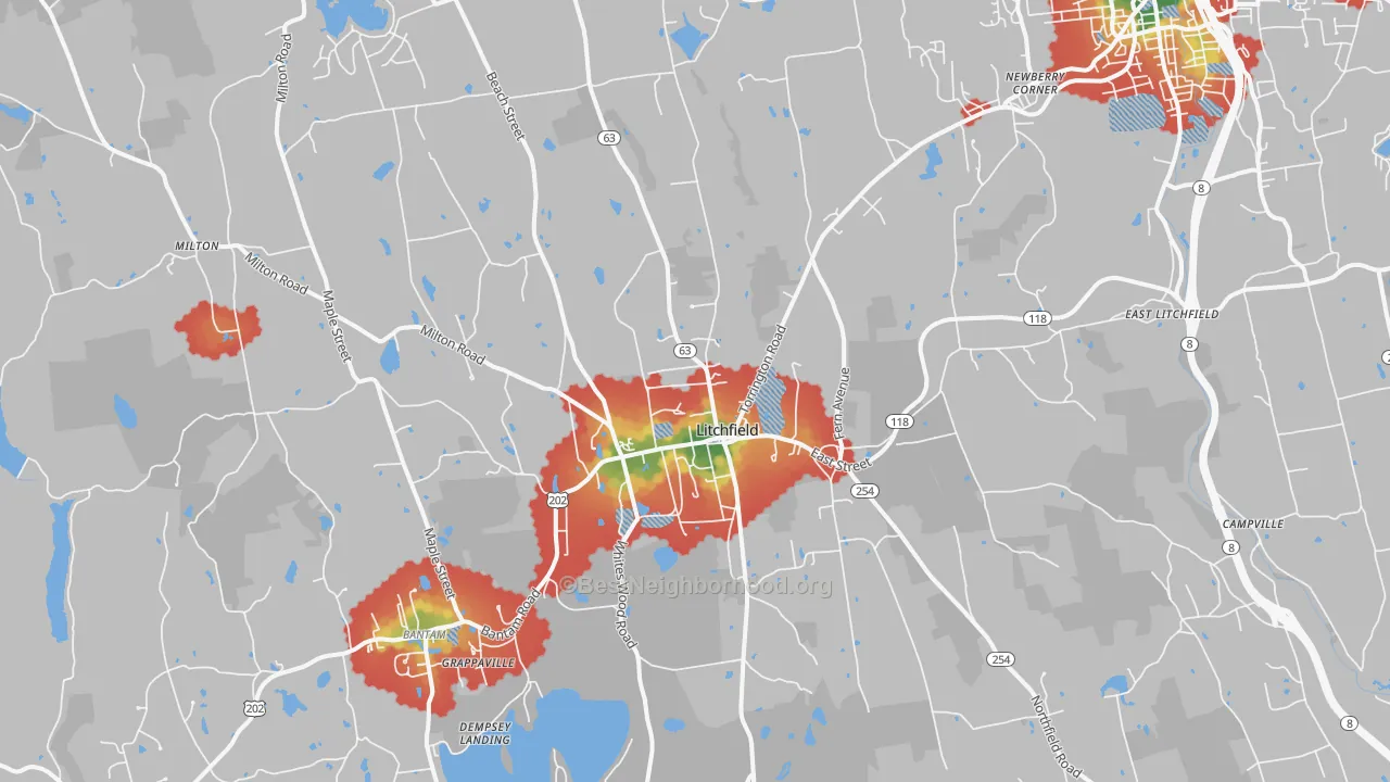 Walk Grade map of Litchfield, CT, walkable areas in green and car-dependent areas in red