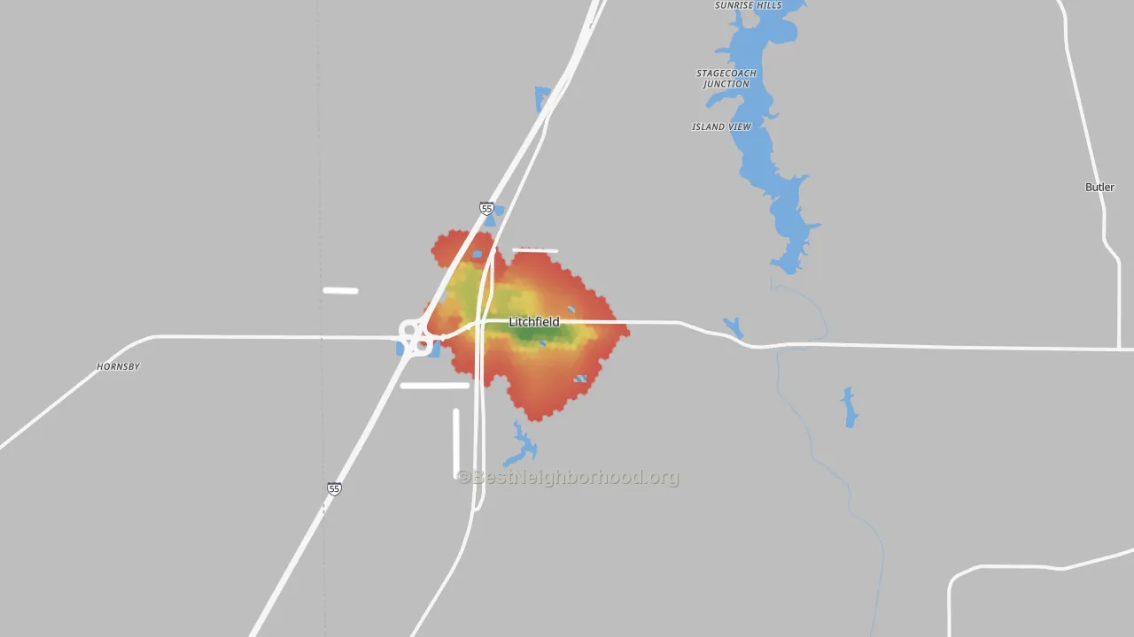 Walk Grade map of Litchfield, IL, walkable areas in green and car-dependent areas in red