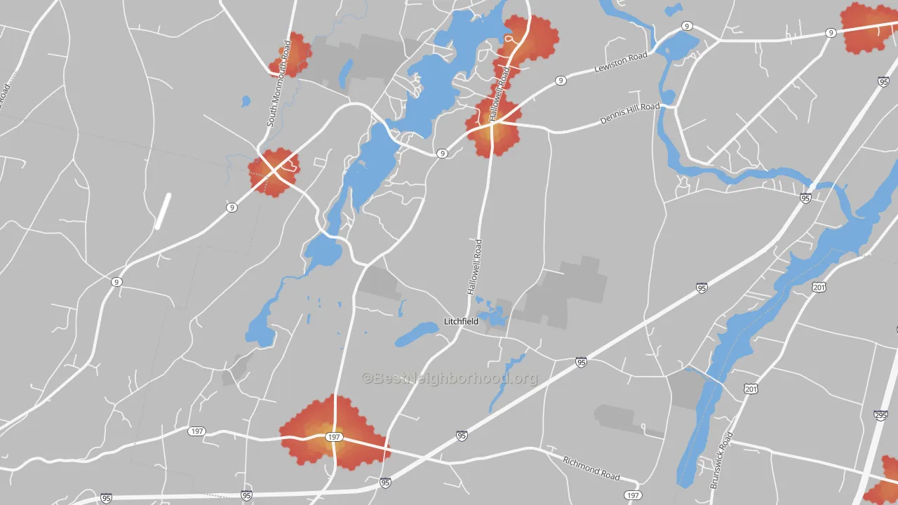 Walk Grade map of Litchfield, ME, walkable areas in green and car-dependent areas in red
