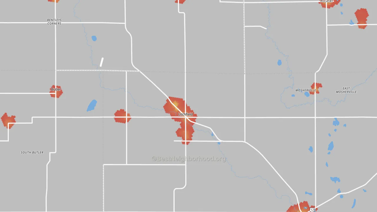 Walk Grade map of Litchfield, MI, walkable areas in green and car-dependent areas in red