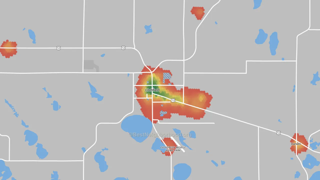 Walk Grade map of Litchfield, MN, walkable areas in green and car-dependent areas in red