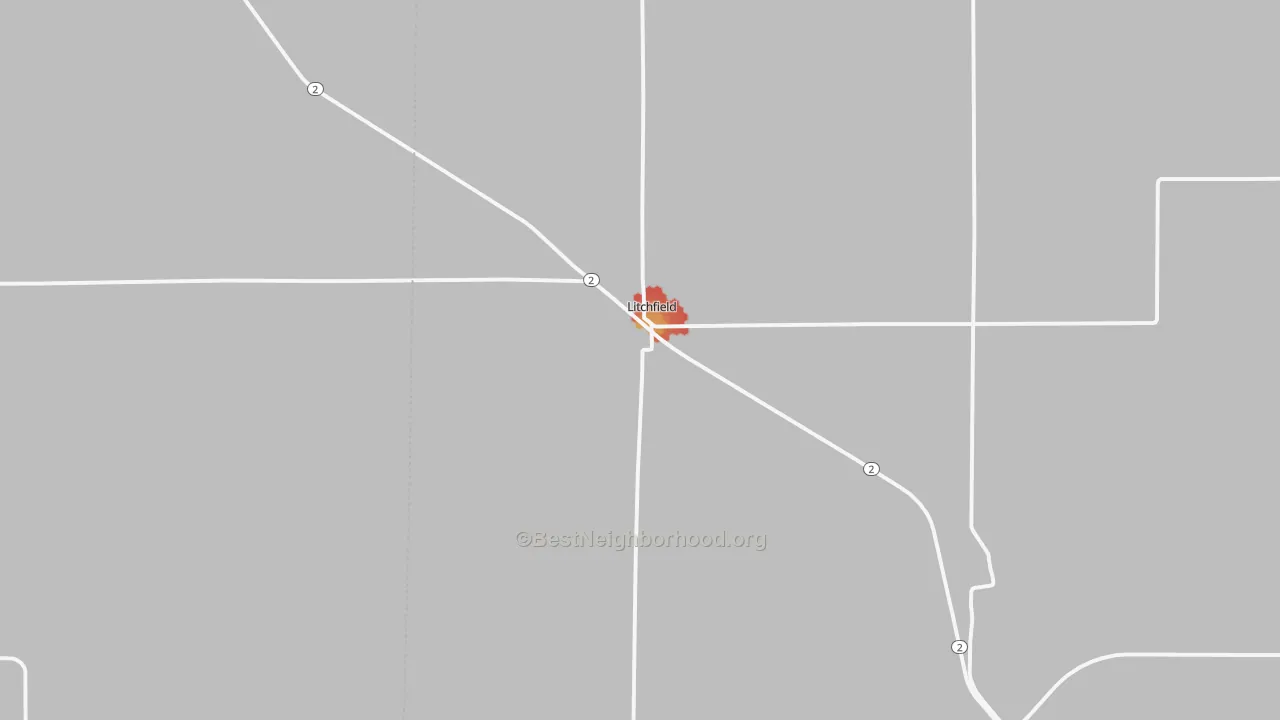 Walk Grade map of Litchfield, NE, walkable areas in green and car-dependent areas in red