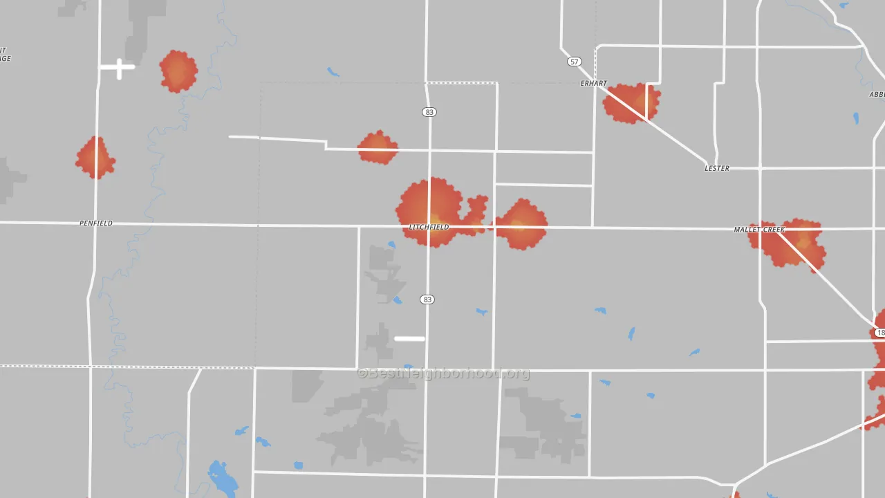 Walk Grade map of Litchfield, OH, walkable areas in green and car-dependent areas in red
