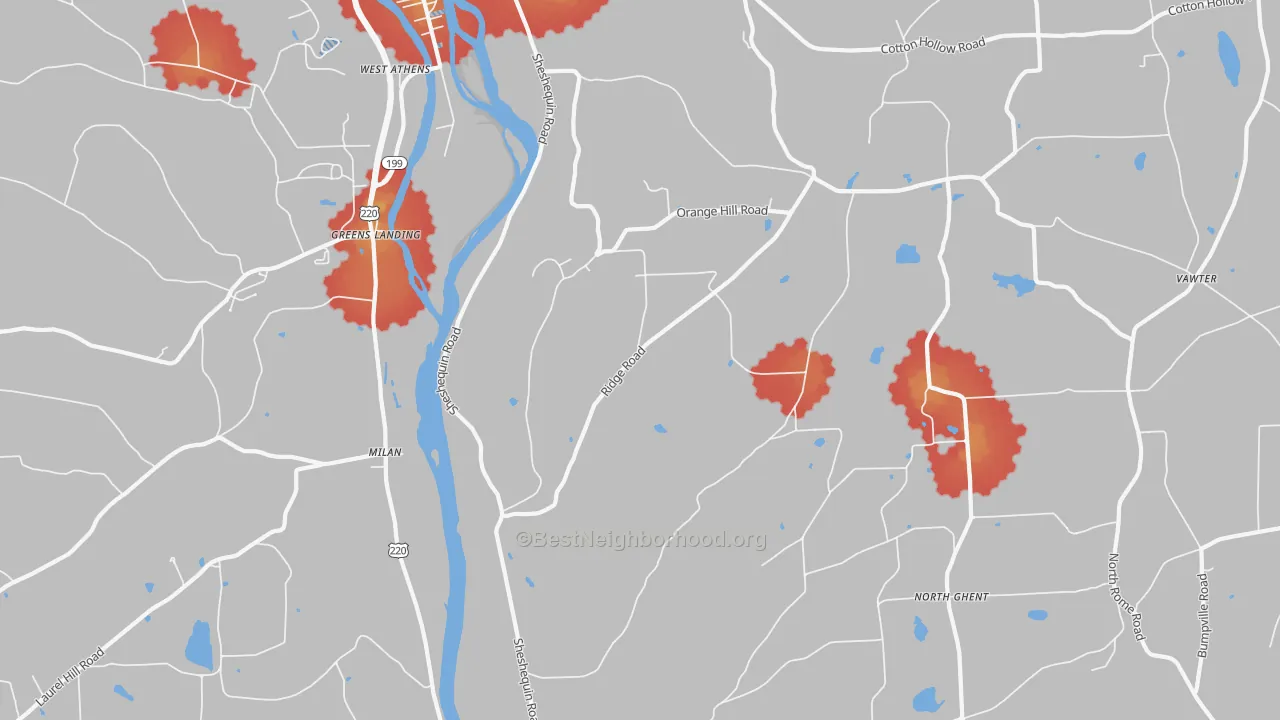Walk Grade map of Litchfield, PA, walkable areas in green and car-dependent areas in red