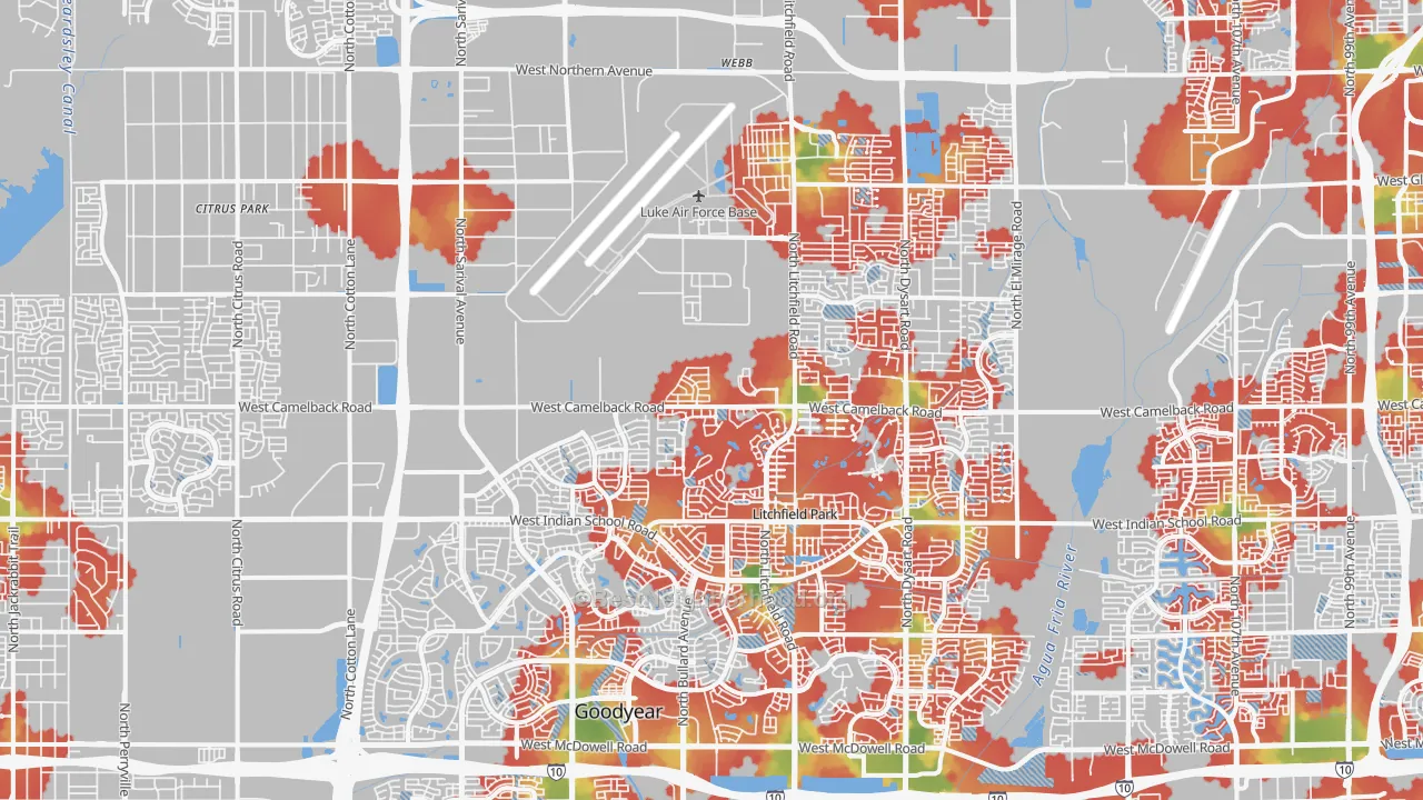 Walk Grade map of Litchfield Park, AZ, walkable areas in green and car-dependent areas in red