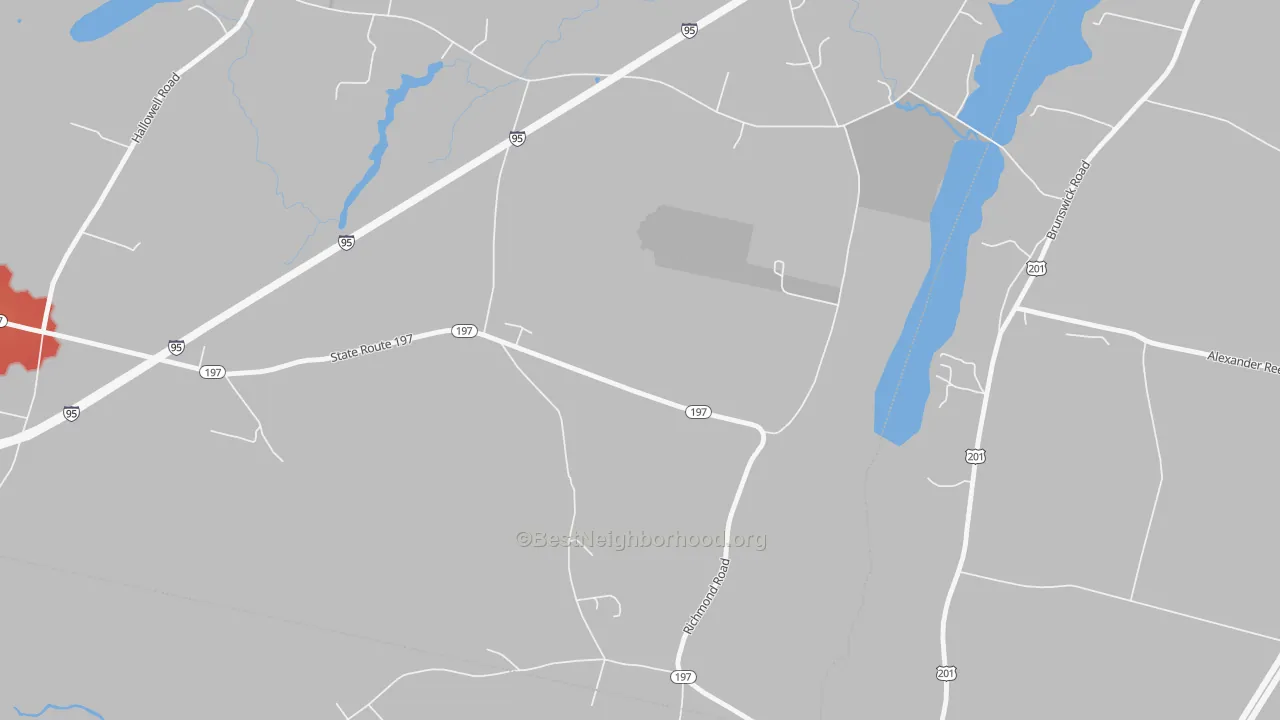 Walk Grade map of Litchfield Plains, ME, walkable areas in green and car-dependent areas in red
