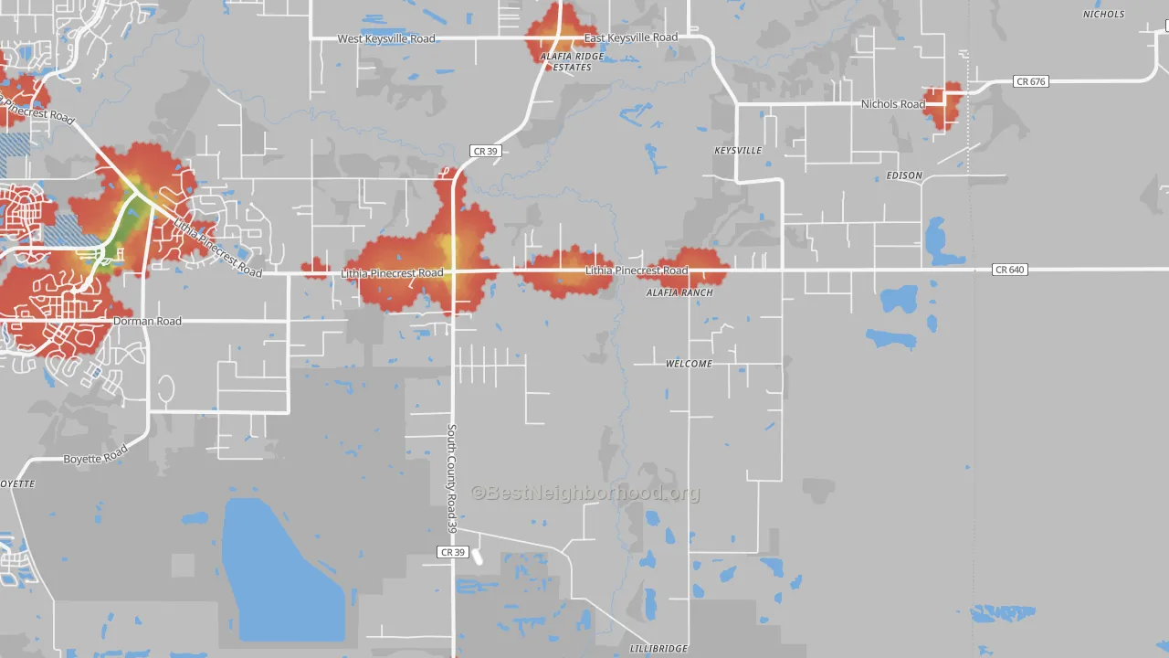 Walk Grade map of Lithia, FL, walkable areas in green and car-dependent areas in red