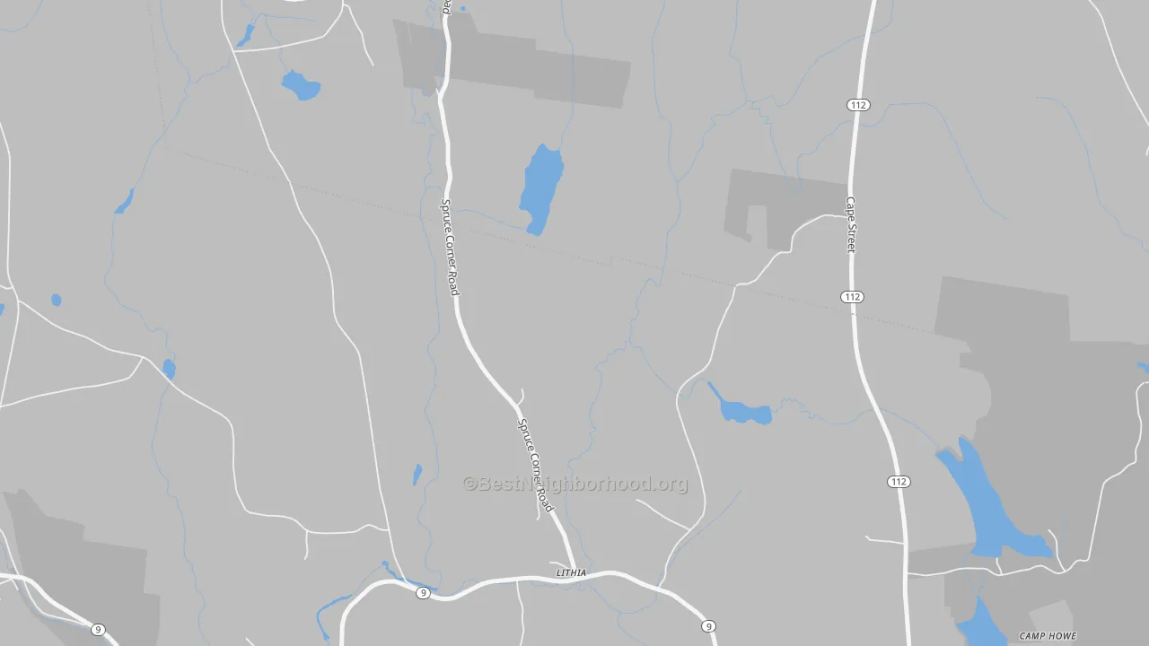 Walk Grade map of Lithia, MA, walkable areas in green and car-dependent areas in red