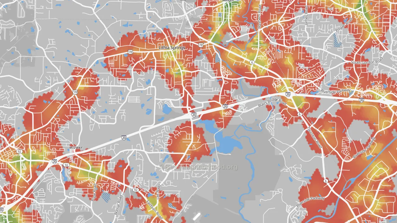 Walk Grade map of Lithia Springs, GA, walkable areas in green and car-dependent areas in red