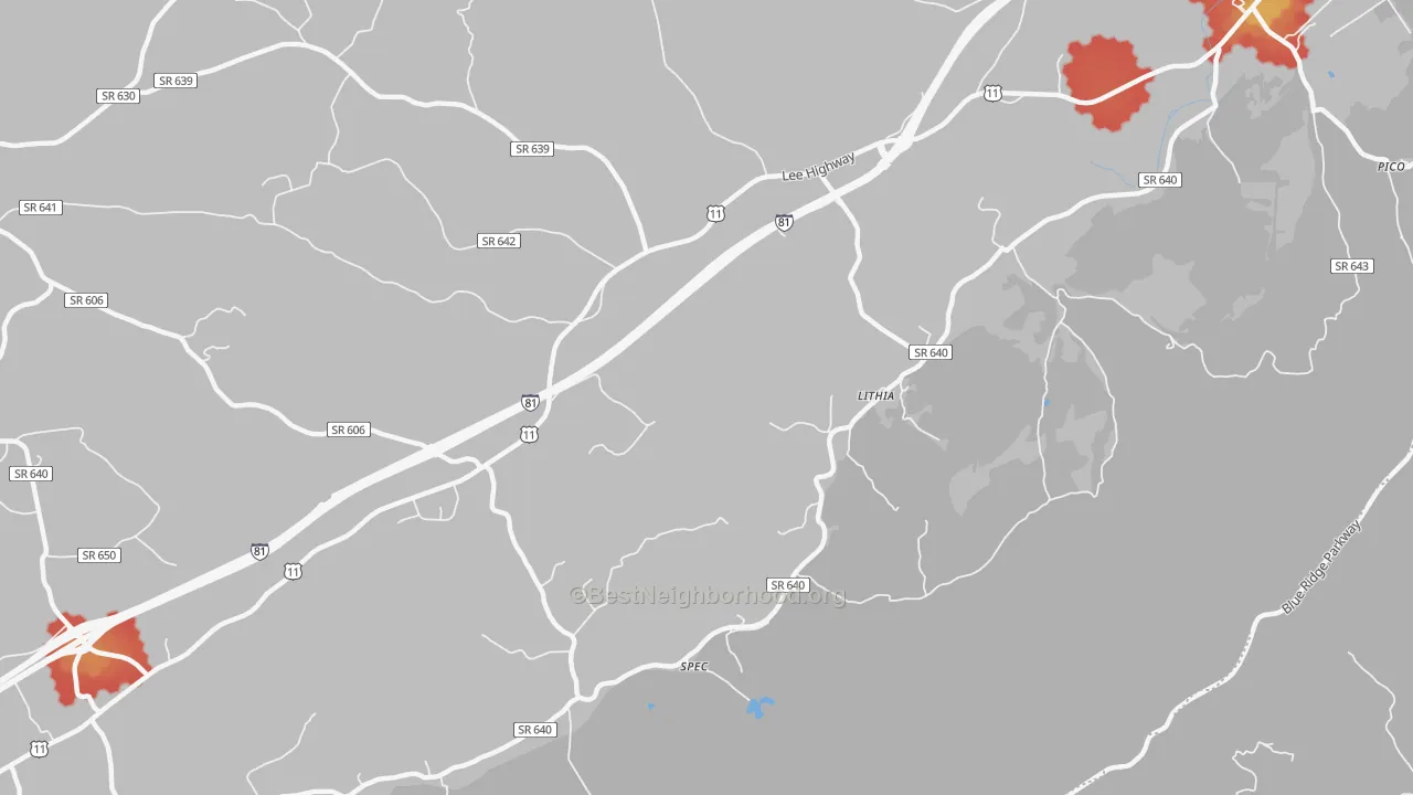 Walk Grade map of Lithia, VA, walkable areas in green and car-dependent areas in red