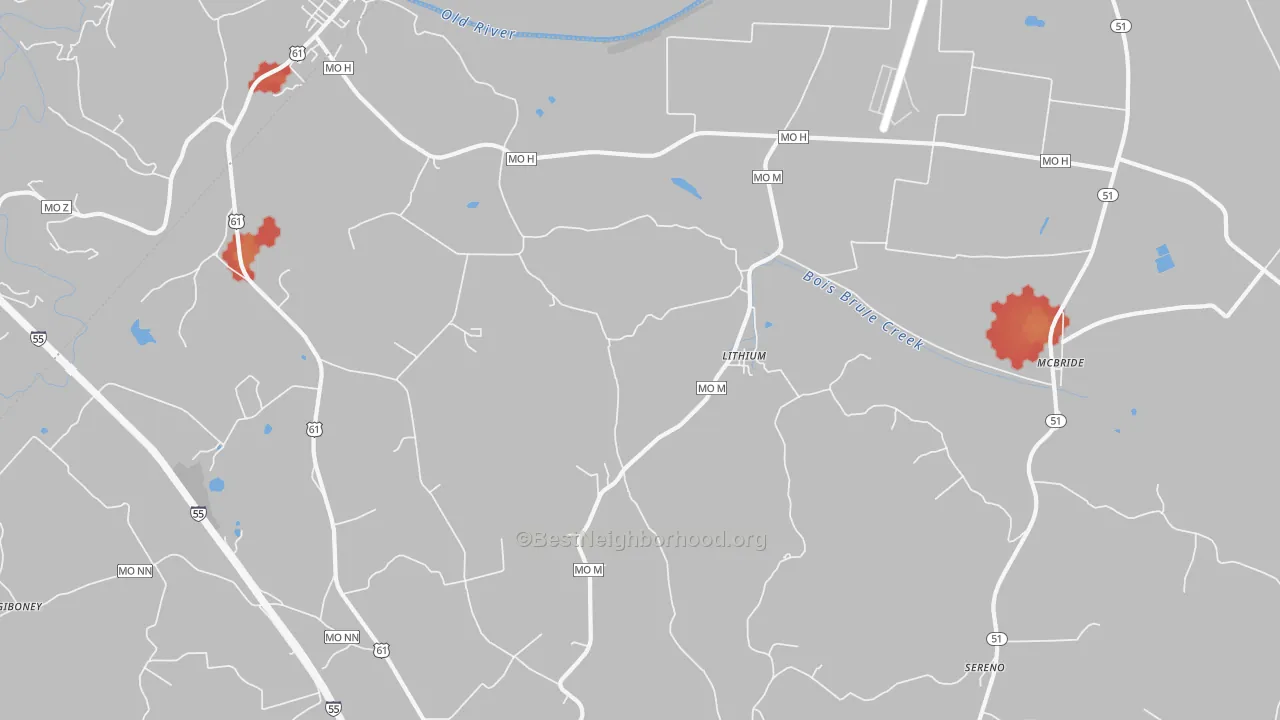 Walk Grade map of Lithium, MO, walkable areas in green and car-dependent areas in red