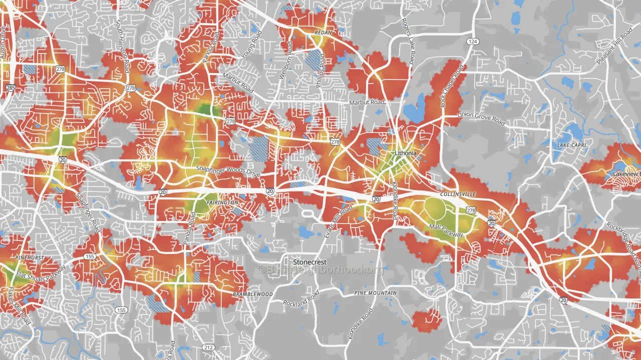 Walk Grade map of Lithonia, GA, walkable areas in green and car-dependent areas in red