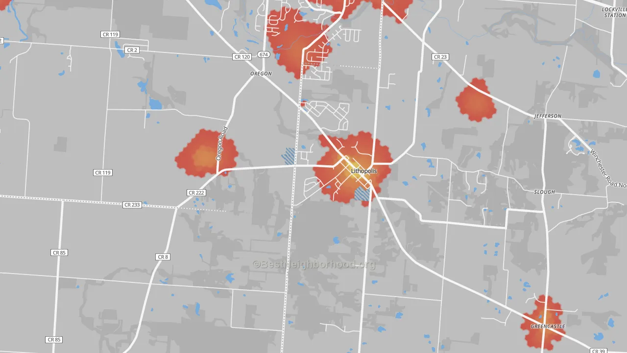 Walk Grade map of Lithopolis, OH, walkable areas in green and car-dependent areas in red
