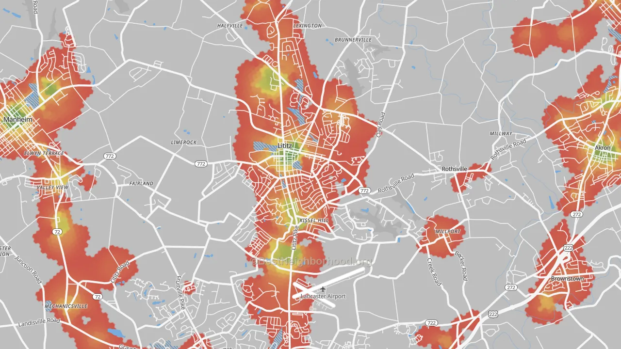 Walk Grade map of Lititz, PA, walkable areas in green and car-dependent areas in red
