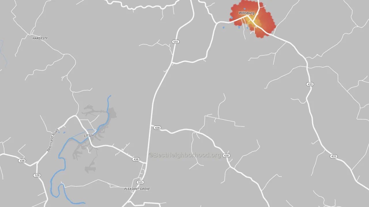 Walk Grade map of Litsey, KY, walkable areas in green and car-dependent areas in red
