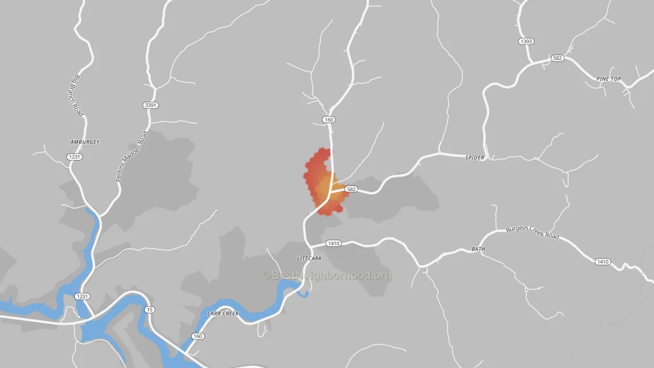 Walk Grade map of Littcarr, KY, walkable areas in green and car-dependent areas in red