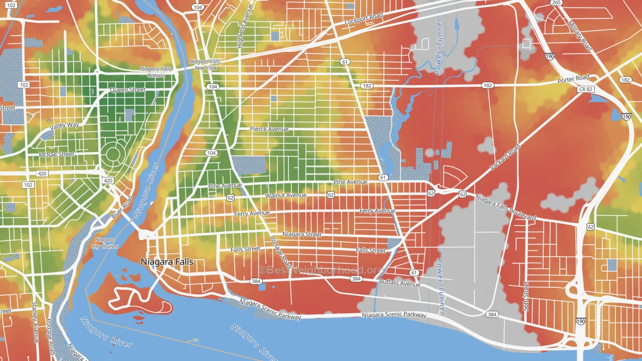 Walk Grade map of Litte Italy, Niagara Falls, NY, walkable areas in green and car-dependent areas in red