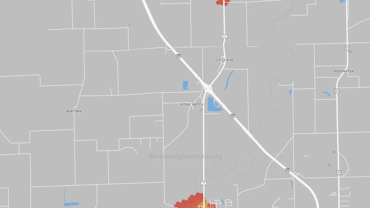 Walk Grade map of Little Acre, IN, walkable areas in green and car-dependent areas in red