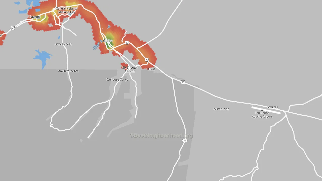 Walk Grade map of Little Acres, AZ, walkable areas in green and car-dependent areas in red