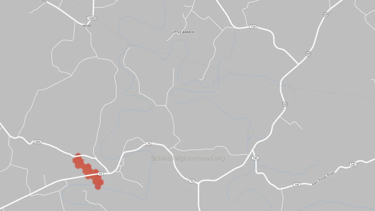 Walk Grade map of Little Barren, KY, walkable areas in green and car-dependent areas in red