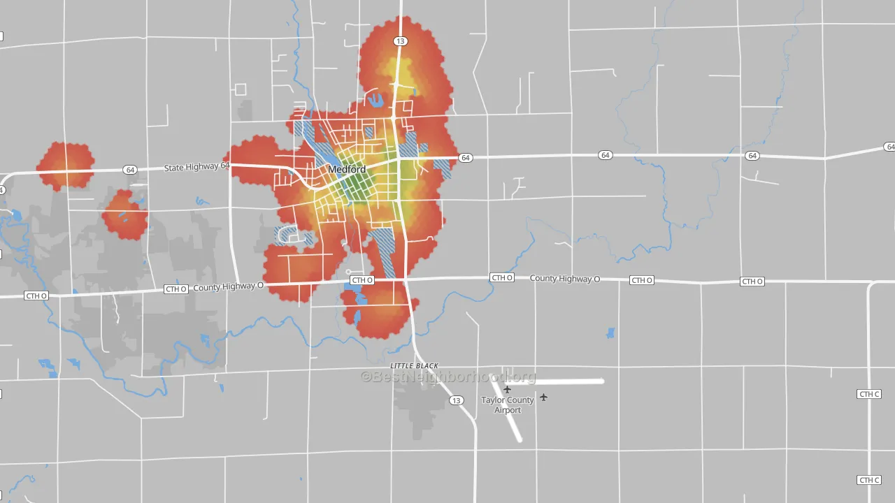 Walk Grade map of Little Black, WI, walkable areas in green and car-dependent areas in red