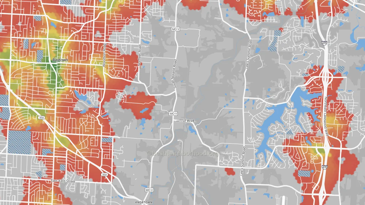 Walk Grade map of Little Blue Valley, Kansas City, MO, walkable areas in green and car-dependent areas in red