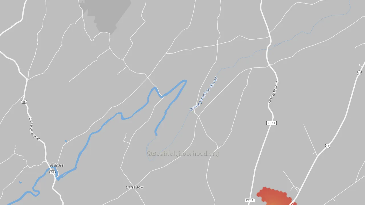 Walk Grade map of Little Bow, NY, walkable areas in green and car-dependent areas in red
