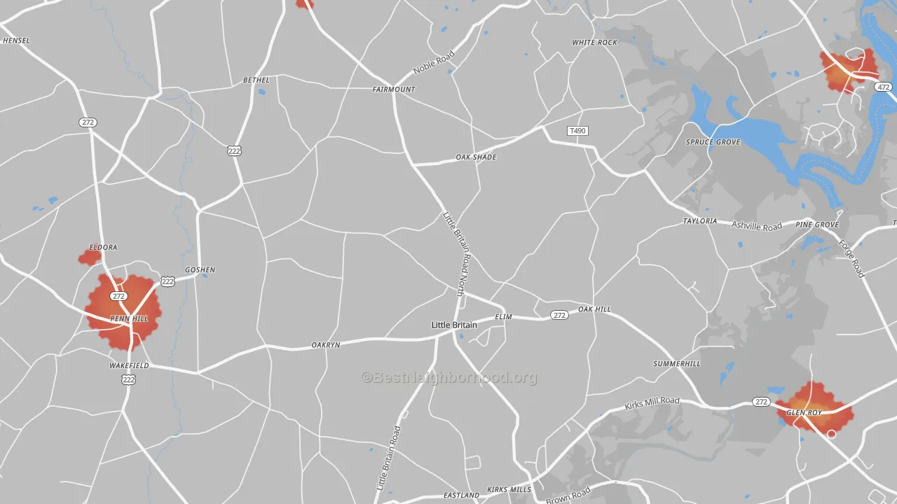 Walk Grade map of Little Britain, PA, walkable areas in green and car-dependent areas in red