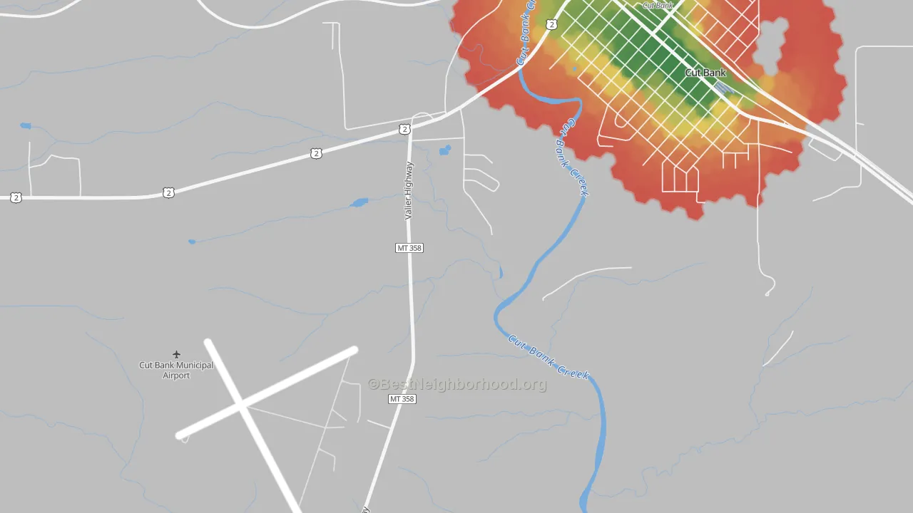 Walk Grade map of Little Browning, MT, walkable areas in green and car-dependent areas in red
