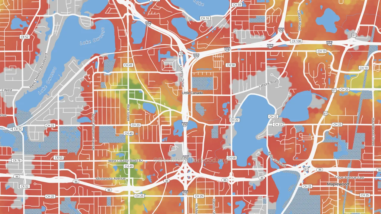 Walk Grade map of Little Canada, MN, walkable areas in green and car-dependent areas in red