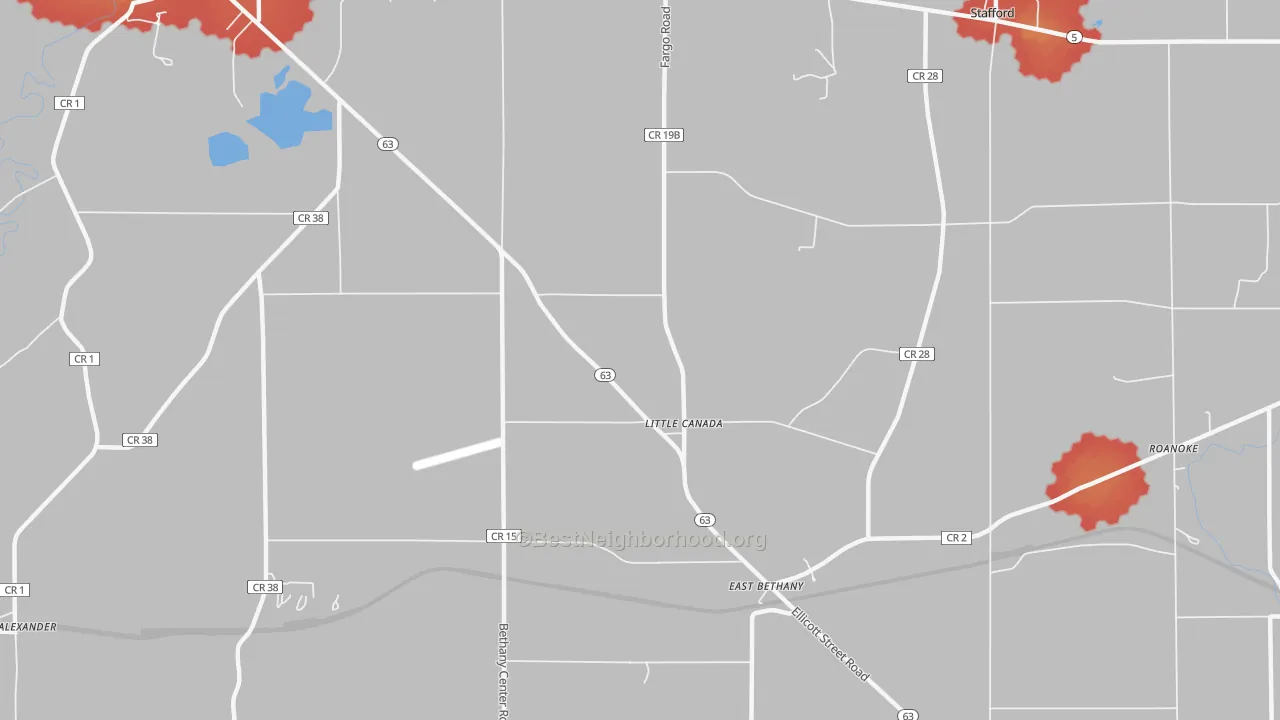 Walk Grade map of Little Canada, NY, walkable areas in green and car-dependent areas in red