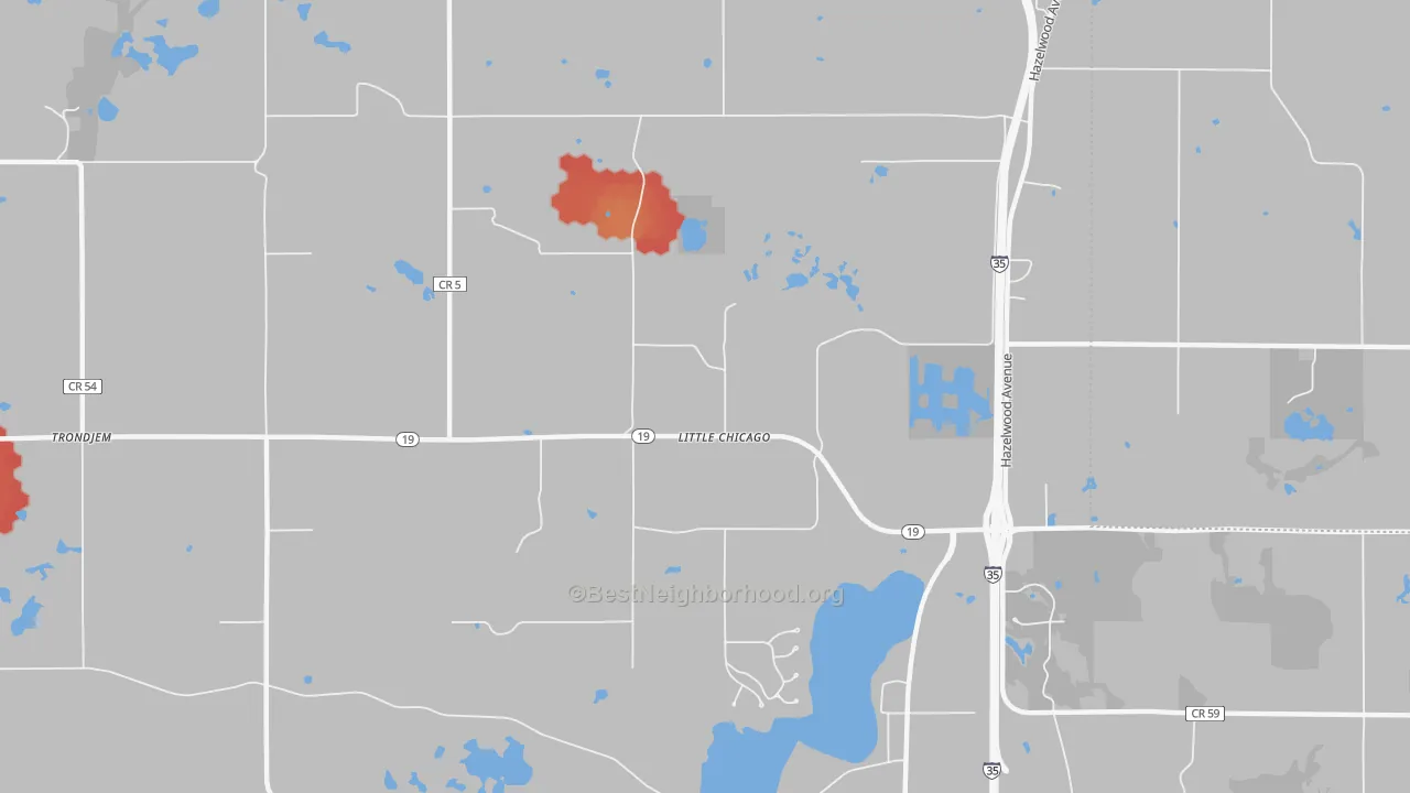 Walk Grade map of Little Chicago, MN, walkable areas in green and car-dependent areas in red