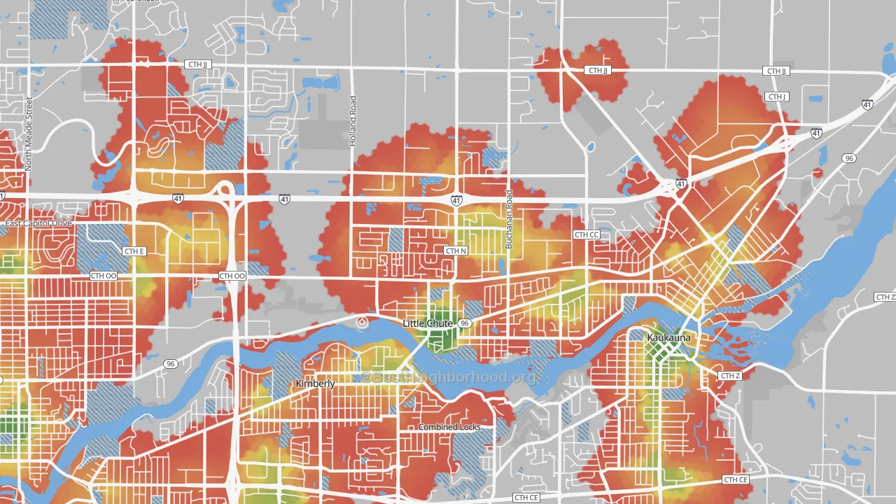 Walk Grade map of Little Chute, WI, walkable areas in green and car-dependent areas in red