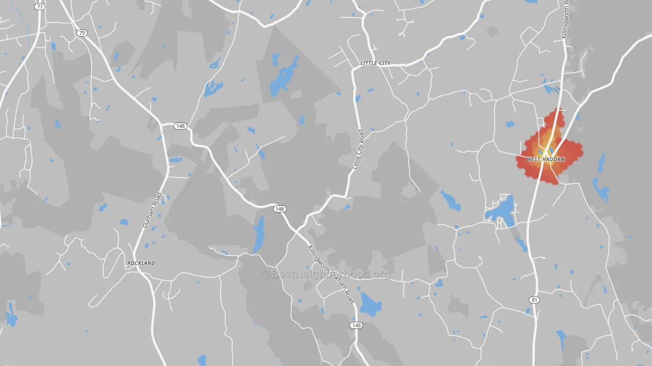 Walk Grade map of Little City, CT, walkable areas in green and car-dependent areas in red