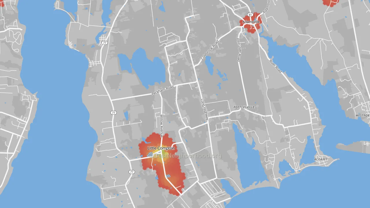 Walk Grade map of Little Compton, RI, walkable areas in green and car-dependent areas in red