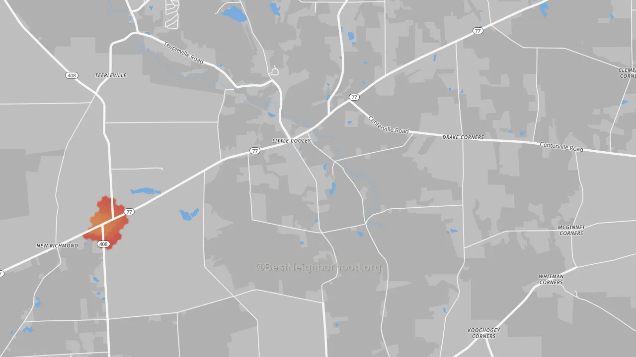Walk Grade map of Little Cooley, PA, walkable areas in green and car-dependent areas in red