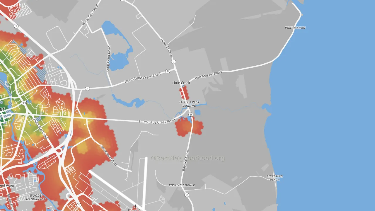 Walk Grade map of Little Creek, DE, walkable areas in green and car-dependent areas in red