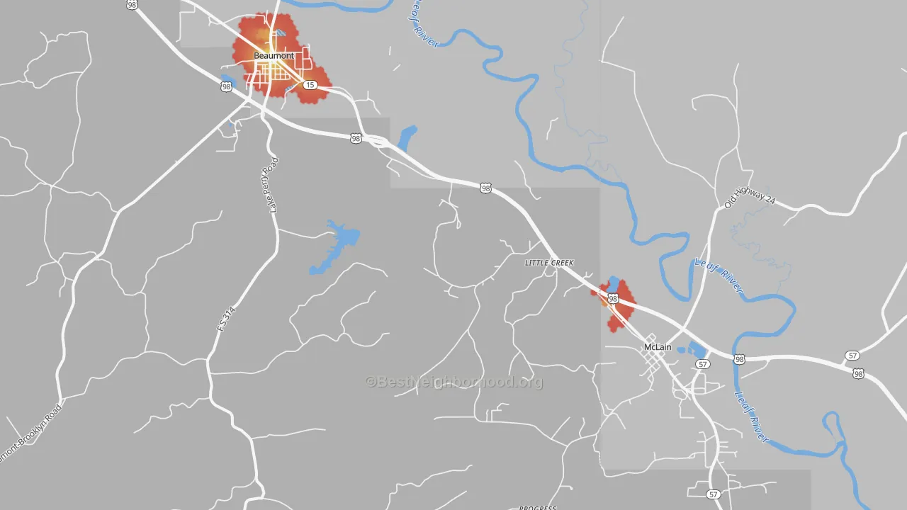 Walk Grade map of Little Creek, MS, walkable areas in green and car-dependent areas in red
