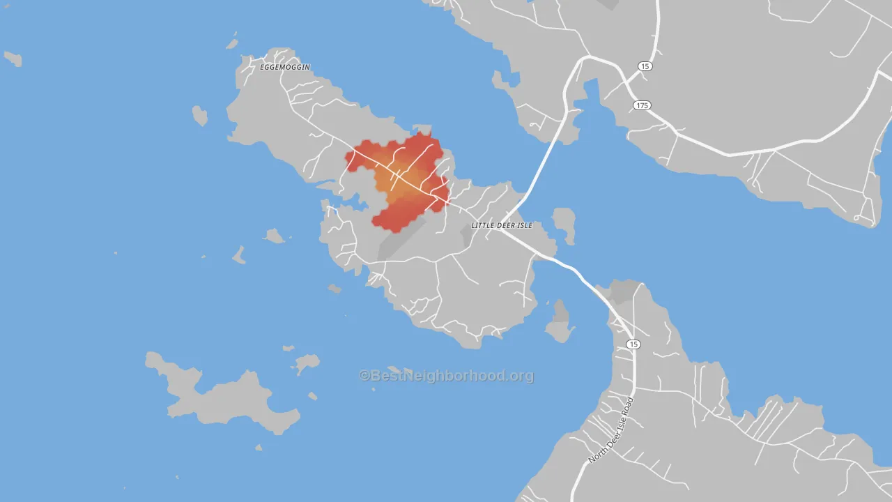 Walk Grade map of Little Deer Isle, ME, walkable areas in green and car-dependent areas in red