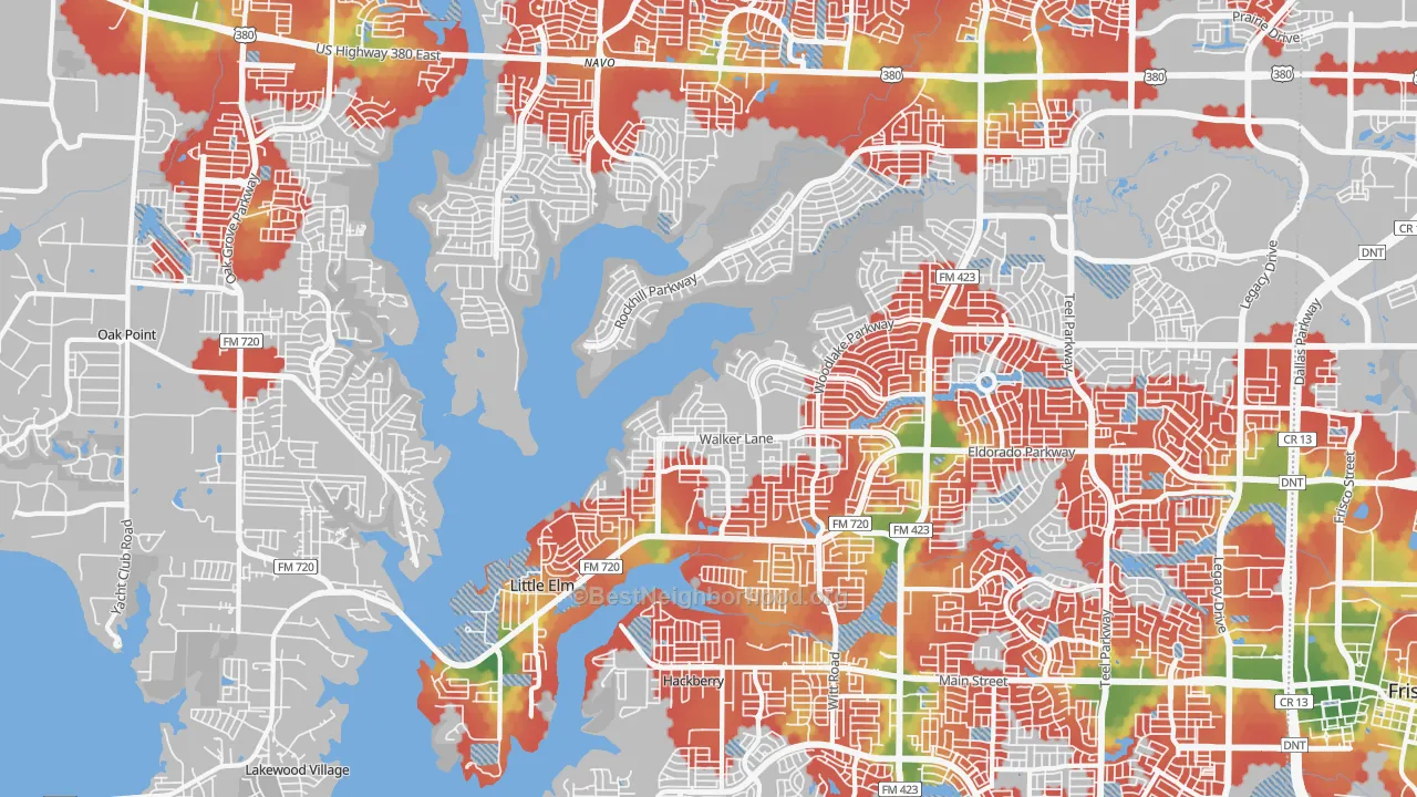 Walk Grade map of Little Elm, TX, walkable areas in green and car-dependent areas in red