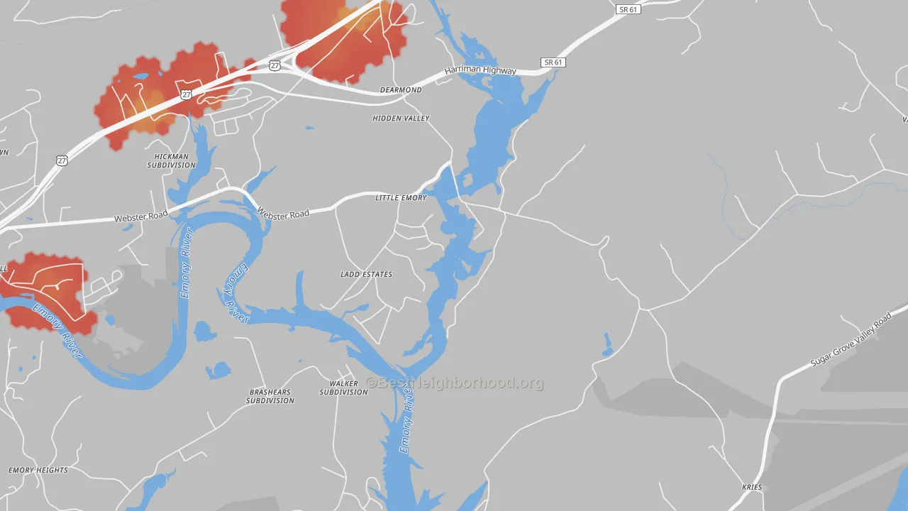 Walk Grade map of Little Emory, TN, walkable areas in green and car-dependent areas in red