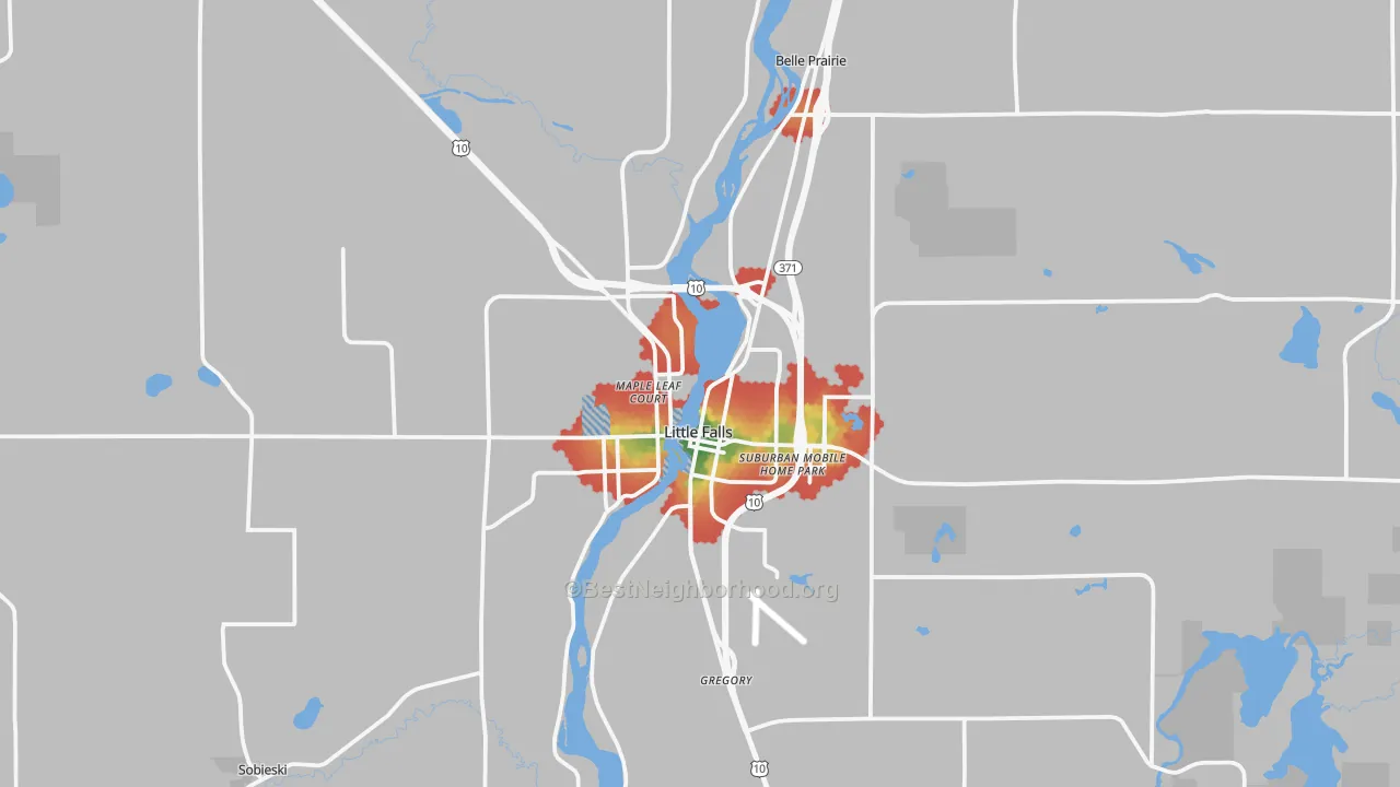 Walk Grade map of Little Falls, MN, walkable areas in green and car-dependent areas in red