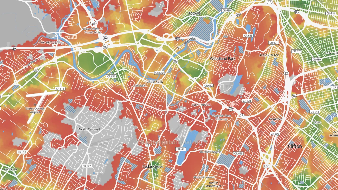 Walk Grade map of Little Falls, NJ, walkable areas in green and car-dependent areas in red