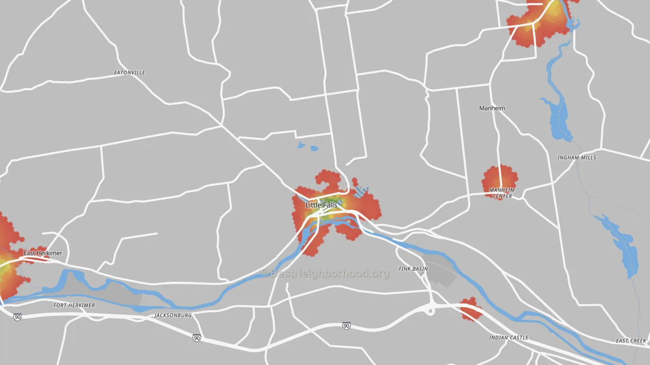 Walk Grade map of Little Falls, NY, walkable areas in green and car-dependent areas in red