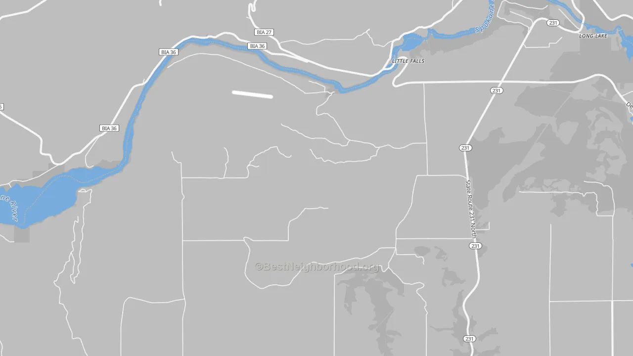 Walk Grade map of Little Falls, WA, walkable areas in green and car-dependent areas in red