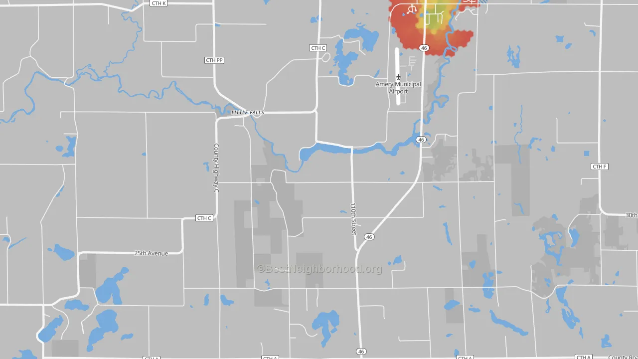 Walk Grade map of Little Falls, WI, walkable areas in green and car-dependent areas in red