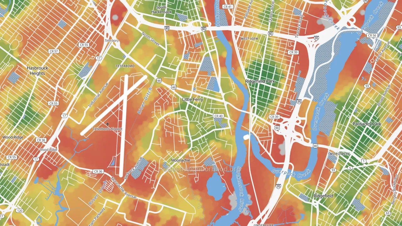 Walk Grade map of Little Ferry, NJ, walkable areas in green and car-dependent areas in red