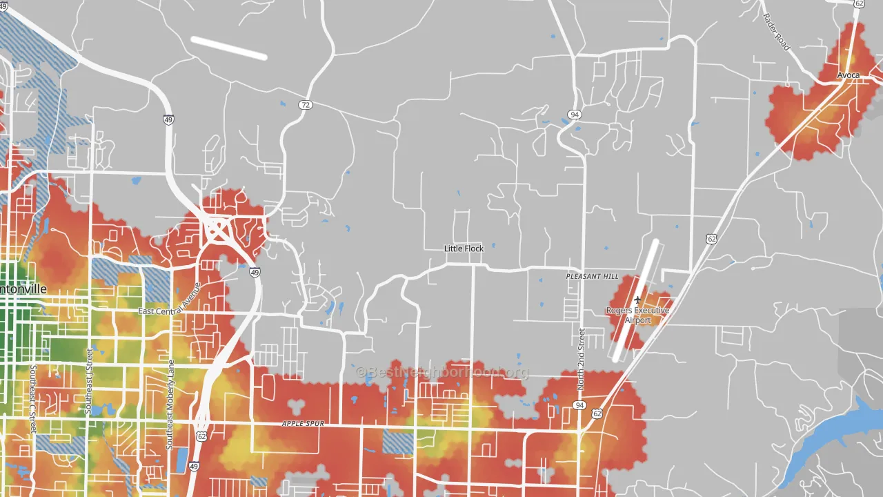 Walk Grade map of Little Flock, AR, walkable areas in green and car-dependent areas in red
