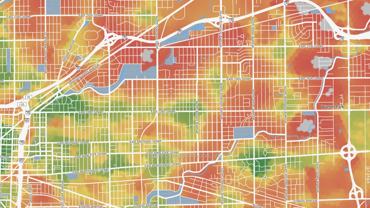 Walk Grade map of Little Flower, Indianapolis, IN, walkable areas in green and car-dependent areas in red