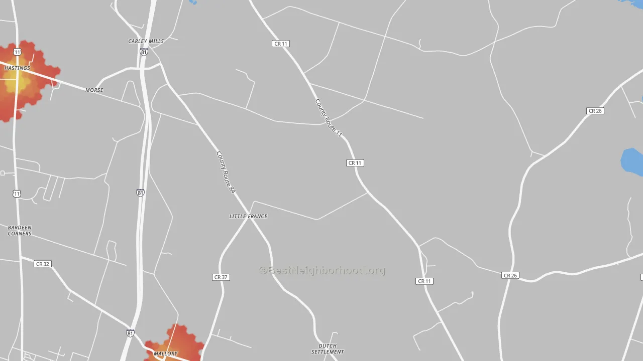 Walk Grade map of Little France, NY, walkable areas in green and car-dependent areas in red